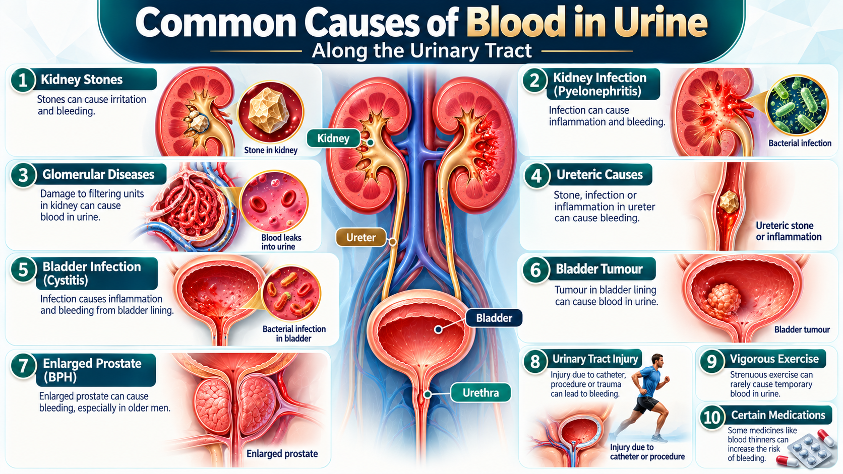 Common causes of blood in urine — urinary tract anatomy