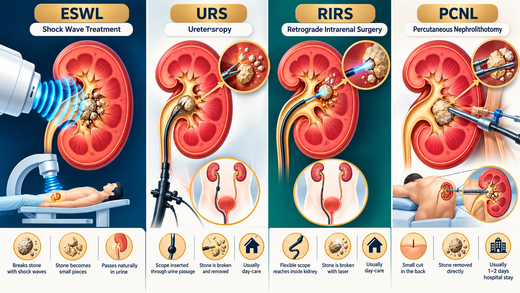 Comparison of kidney stone treatment options: ESWL, URS, RIRS, PCNL