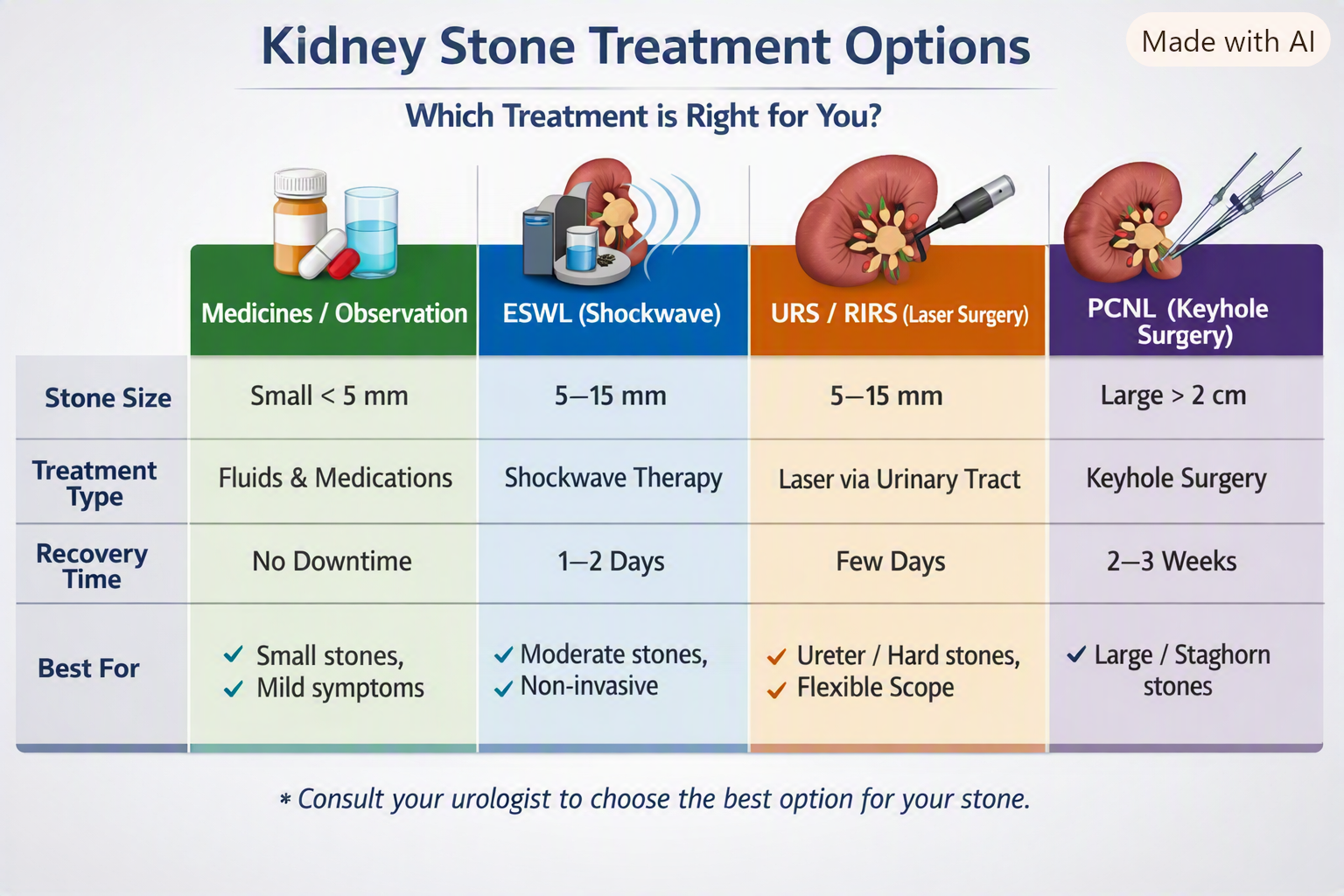 Kidney Stone Treatment Options Comparison Chart - Medicine, ESWL, URS, RIRS, PCNL