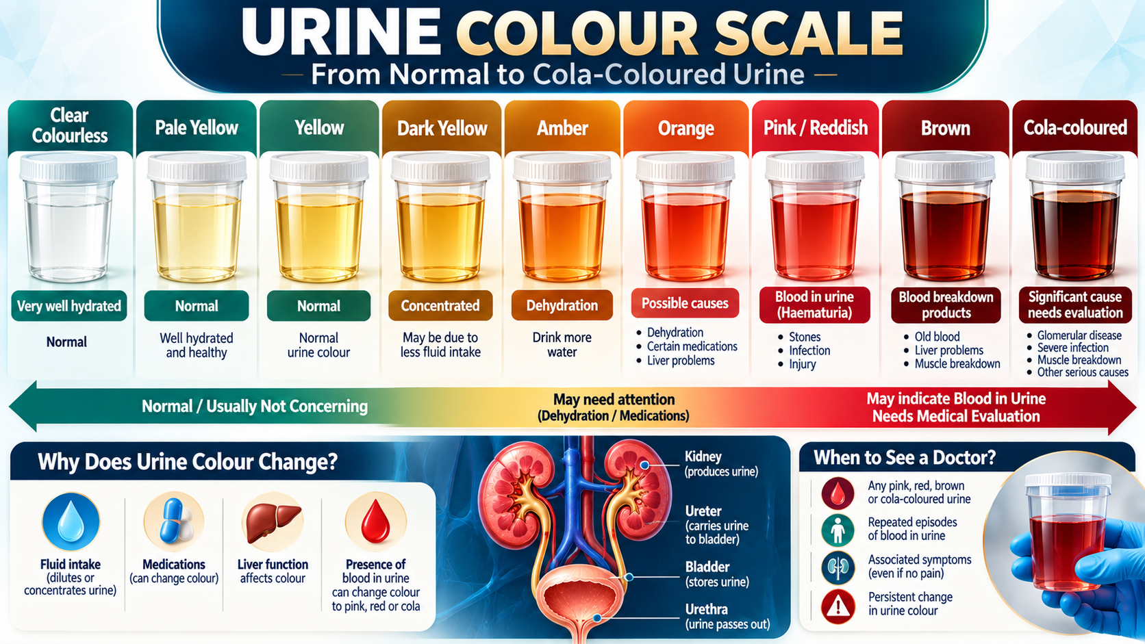 Urine colour scale showing normal to cola-coloured urine